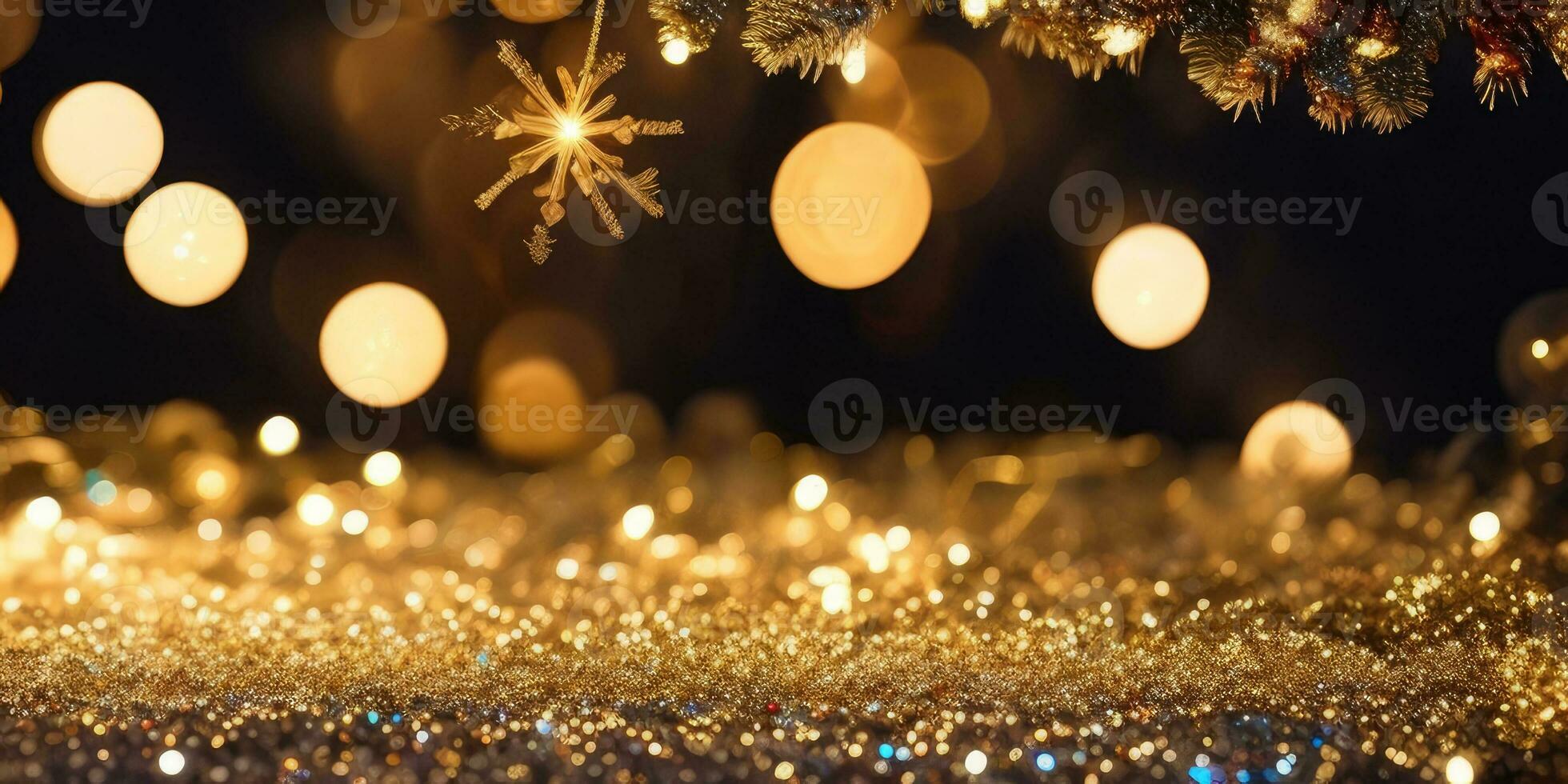 Christmas decorations of bokeh and gold glitter particles in the background,Generative AI. photo