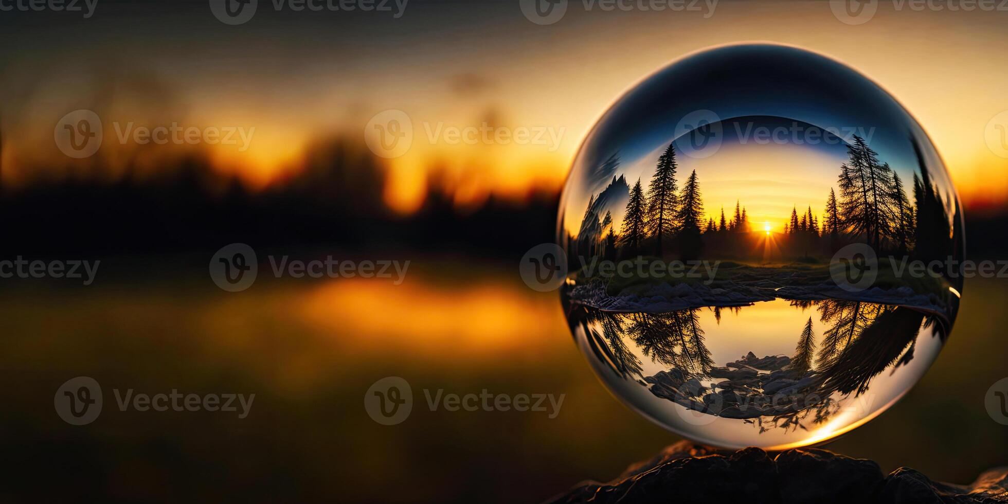 Perfect glass sphere with beautiful nature background,Generative AI. photo