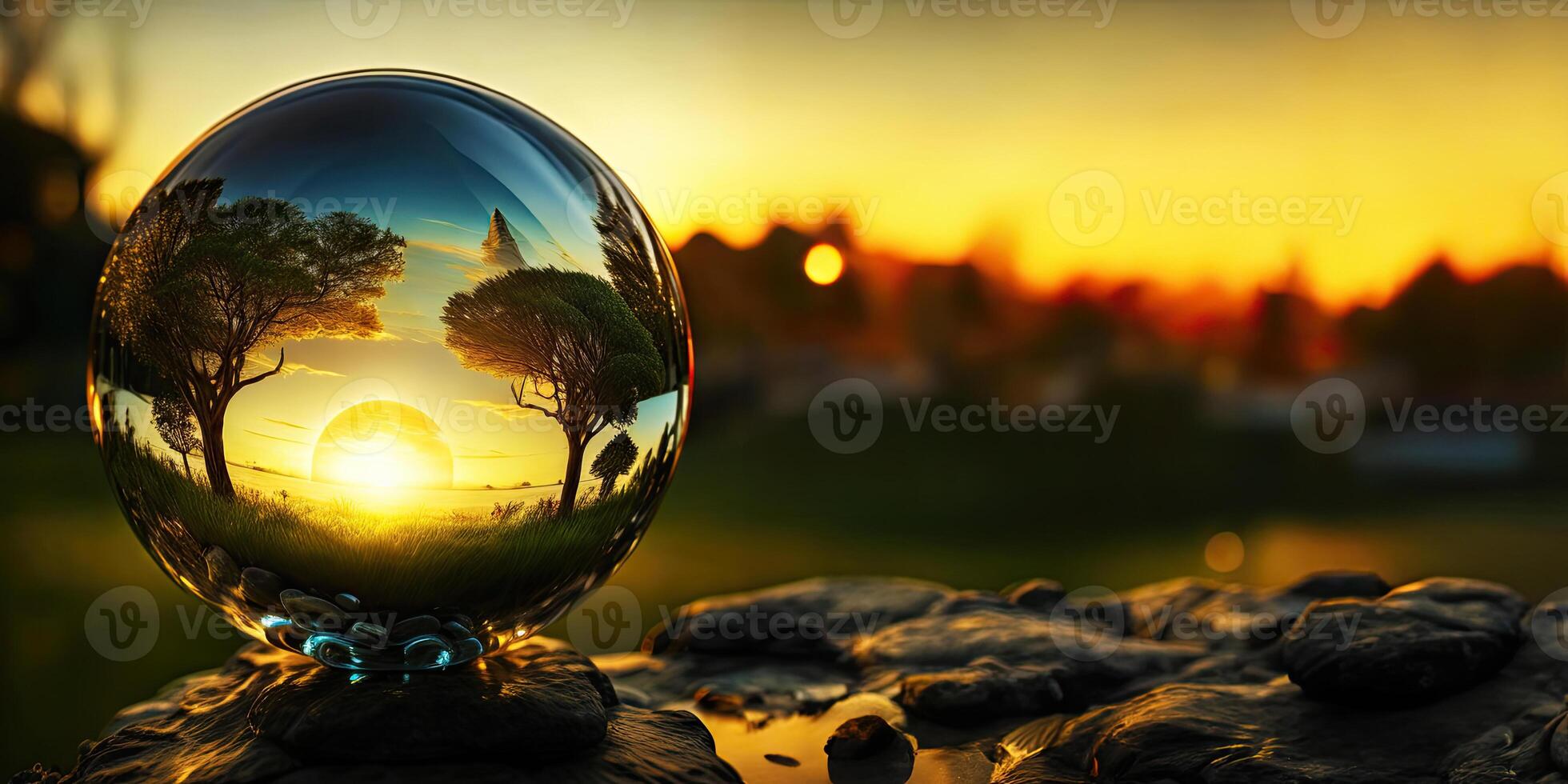 Perfect glass sphere with beautiful nature background,. photo