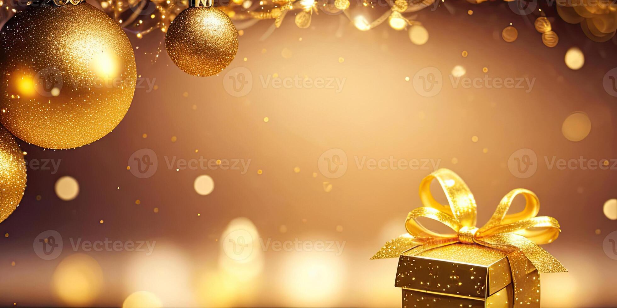 Gold gift boxes and gold glitter particles with bokeh light background,. photo