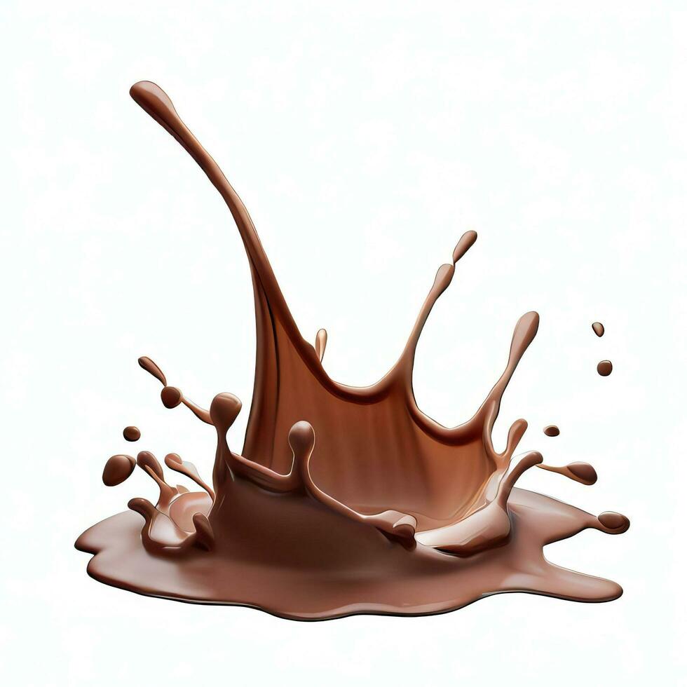 Chocolate fluid splash crown flow with bubbles and drops isolated on white background. Generative AI photo