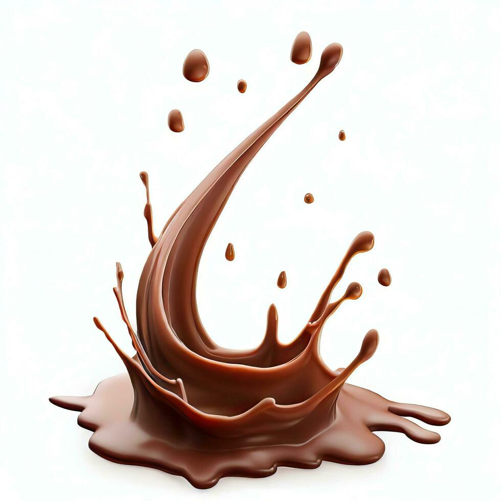 Chocolate fluid splash crown flow with bubbles and drops isolated on white background. Generative AI photo