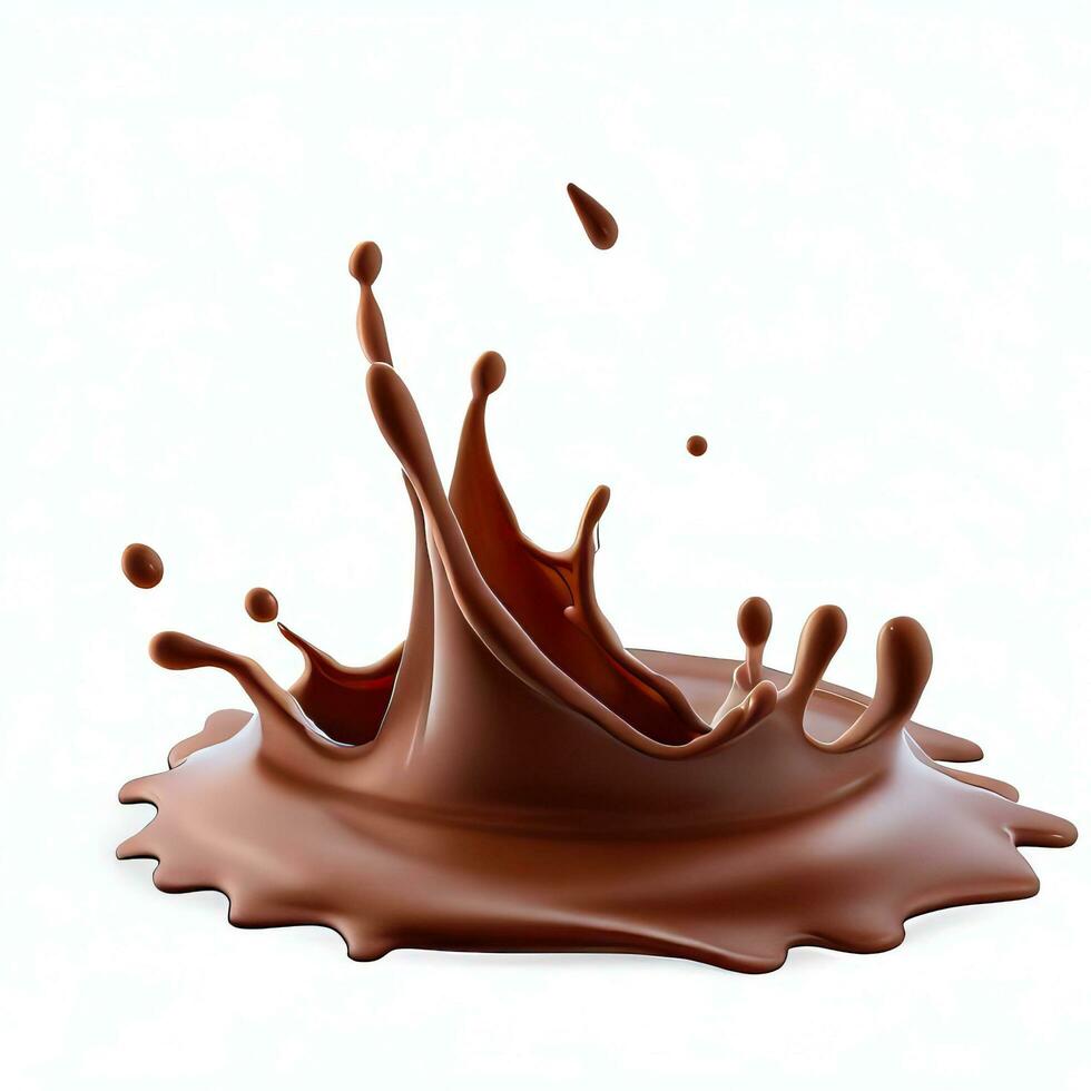 Chocolate fluid splash crown flow with bubbles and drops isolated on white background. Generative AI photo