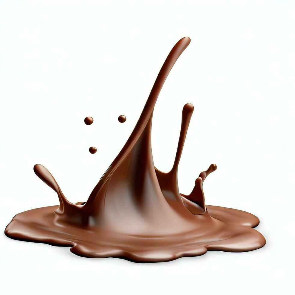 Chocolate fluid splash crown flow with bubbles and drops isolated on white background. Generative AI photo