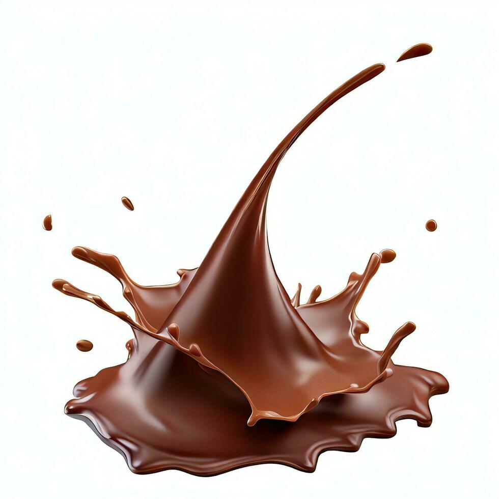 Chocolate fluid splash crown flow with bubbles and drops isolated on white background. Generative AI photo