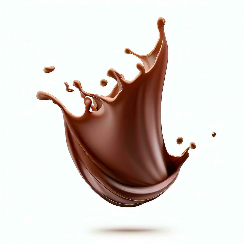 Chocolate fluid splash crown flow with bubbles and drops isolated on white background. Generative AI photo