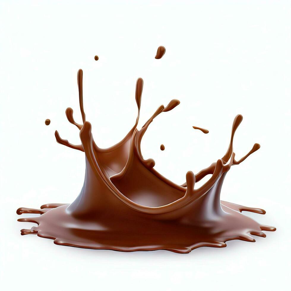 Chocolate fluid splash crown flow with bubbles and drops isolated on white background. Generative AI photo
