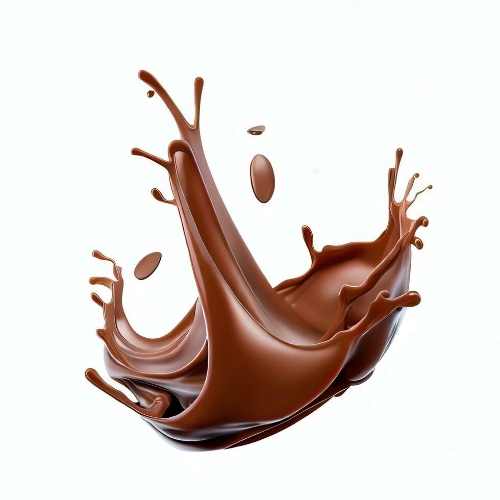 Chocolate fluid splash crown flow with bubbles and drops isolated on white background. Generative AI photo