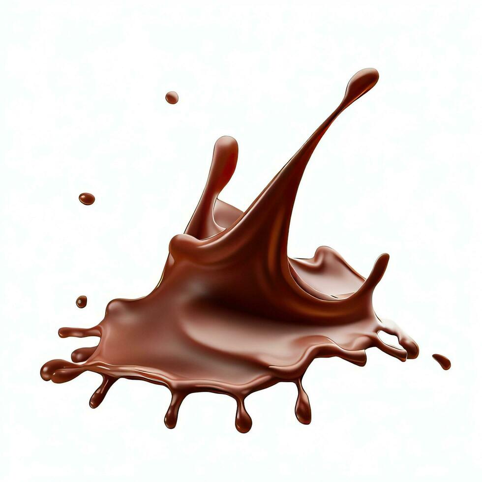Chocolate fluid splash crown flow with bubbles and drops isolated on white background. Generative AI photo