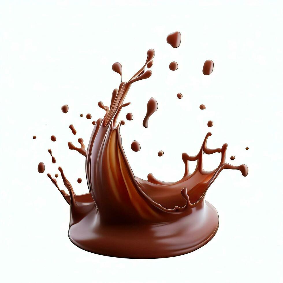 Chocolate fluid splash crown flow with bubbles and drops isolated on white background. Generative AI photo