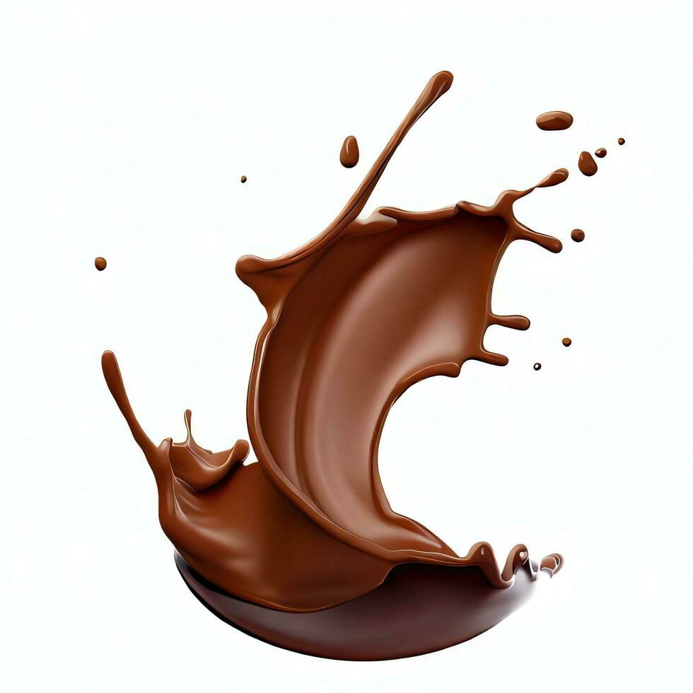 Chocolate fluid splash crown flow with bubbles and drops isolated on white background. Generative AI photo