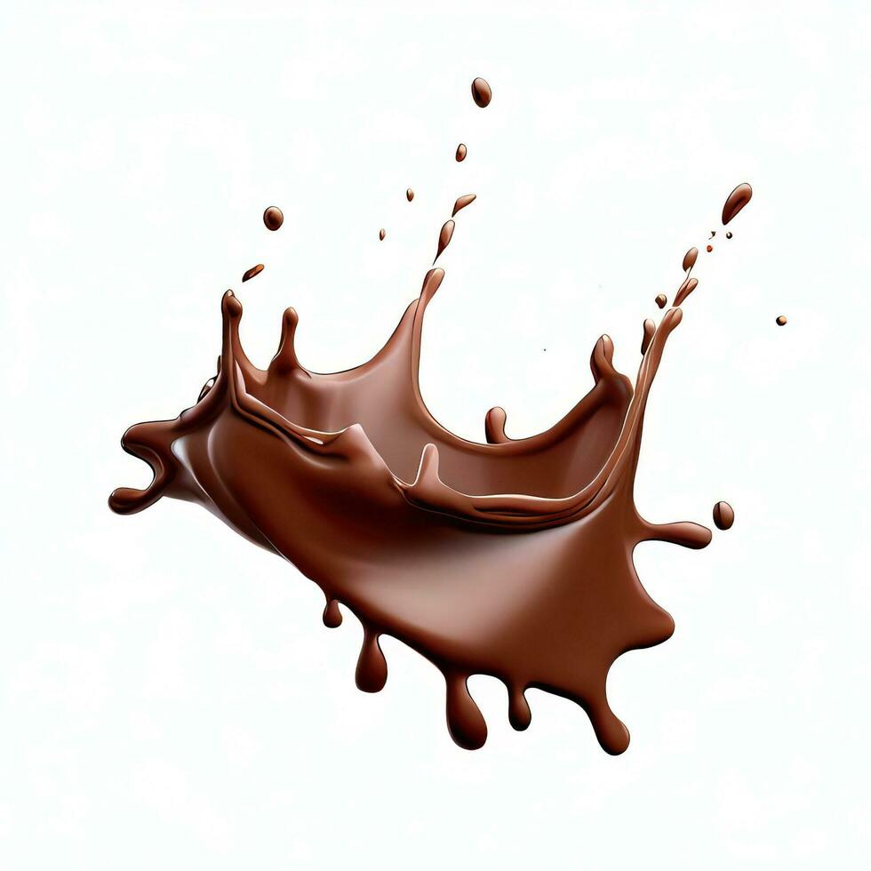 Chocolate fluid splash crown flow with bubbles and drops isolated on white background. Generative AI photo