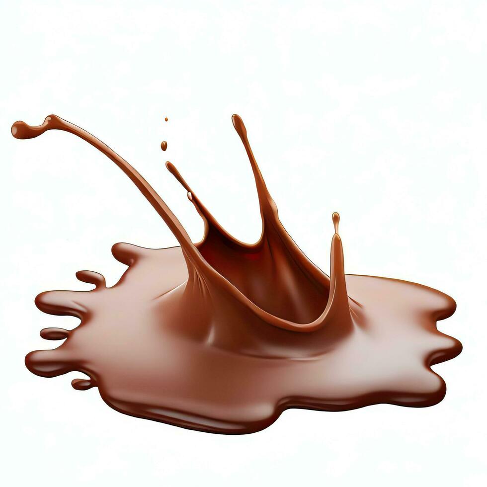 Chocolate fluid splash crown flow with bubbles and drops isolated on white background. Generative AI photo