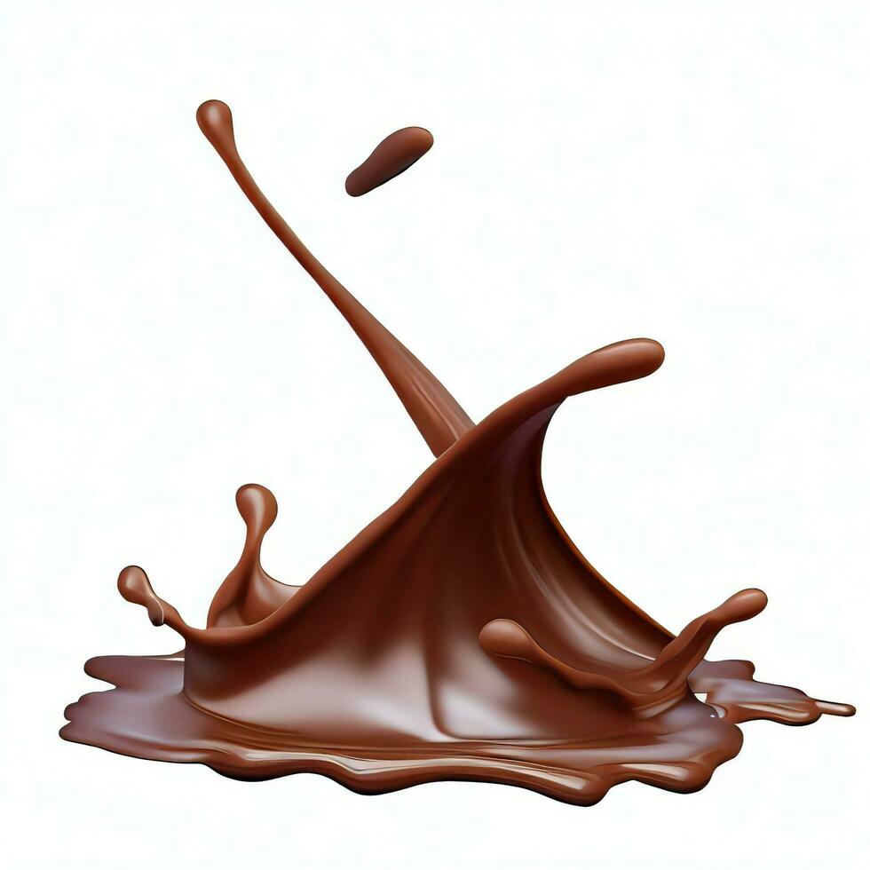Chocolate fluid splash crown flow with bubbles and drops isolated on white background. Generative AI photo
