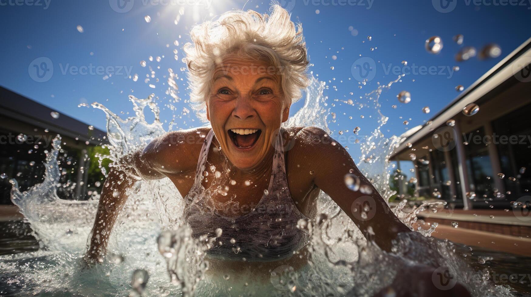 Happy senior woman swimming in pool photo