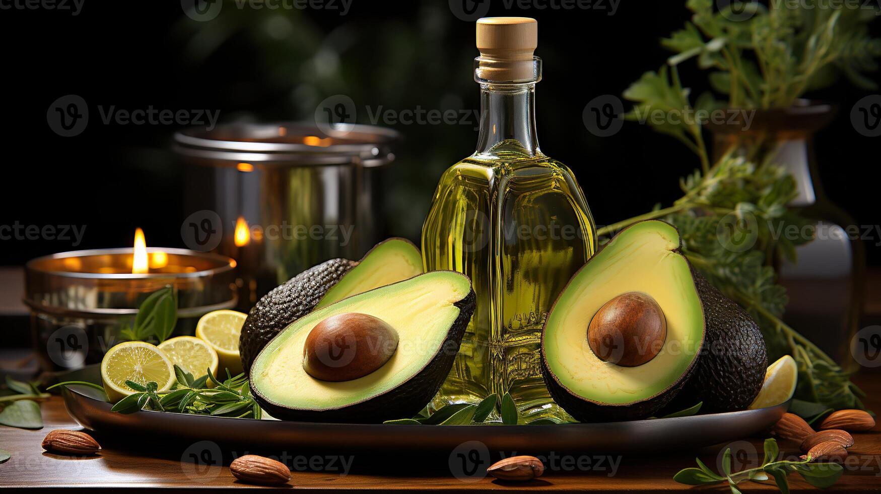 Avocado oil with cut fruit on the table in a glass bottle on a background of greenery photo