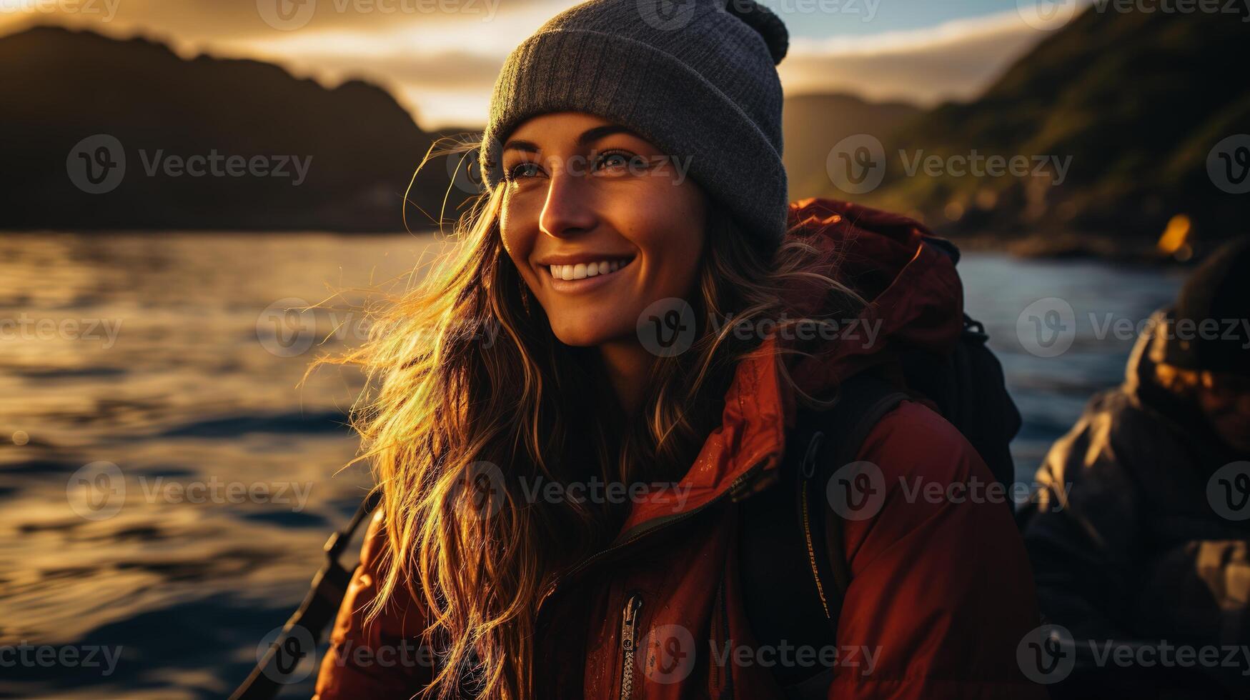 Portrait of a smiling girl in nature on a hike photo