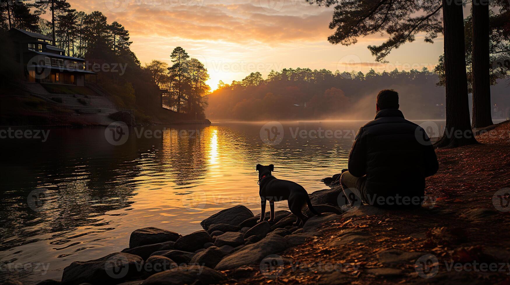 Walking in nature with a dog sunset at the lake photo