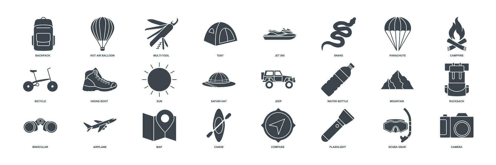 adventure icon set, summer camping trip symbols collection, logo illustrations, tourism or hiking sign package isolated vector illustration