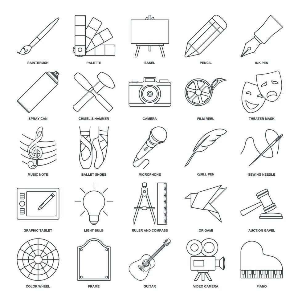 Arte icono colocar, diseño y dibujo símbolos recopilación, logo ilustraciones, Arte y entretenimiento señales pictogramas paquete aislado vector ilustración