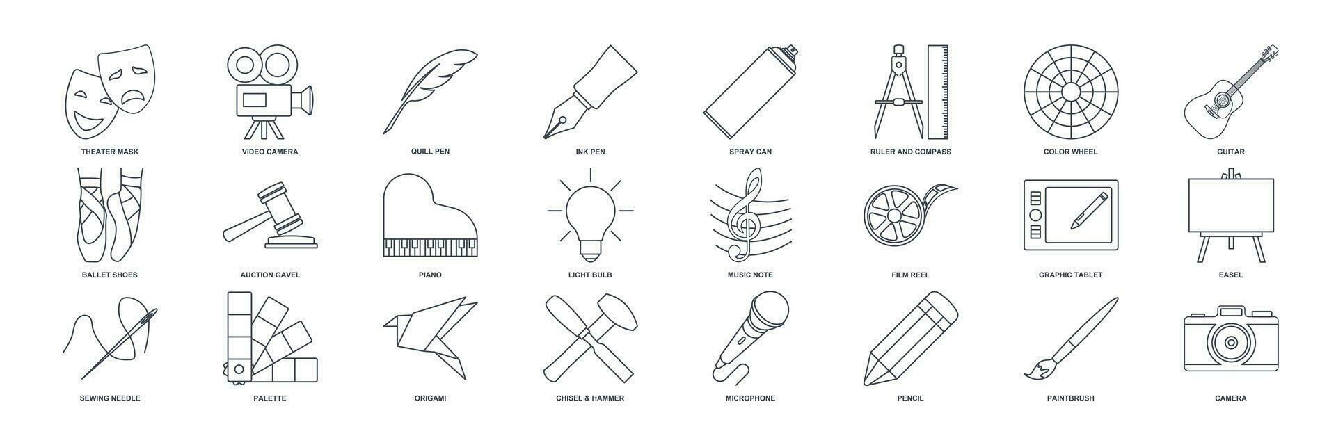 Art icon set, Design and drawing symbols collection, logo illustrations, art and entertainment signs pictograms package isolated vector illustration