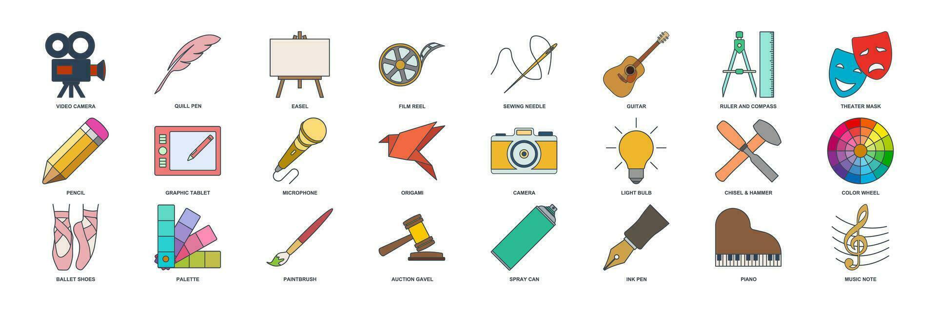 Art icon set, Design and drawing symbols collection, logo illustrations, art and entertainment signs pictograms package isolated vector illustration