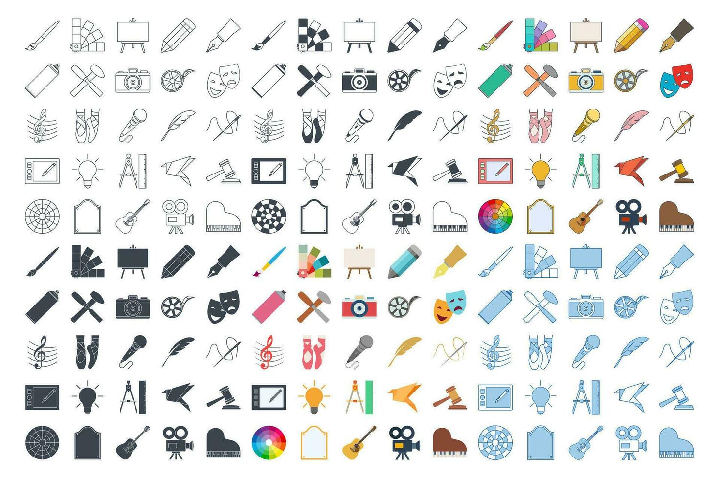 Art icon mega set, Design and drawing symbols collection, logo illustrations, art and entertainment signs pictograms package isolated vector illustration