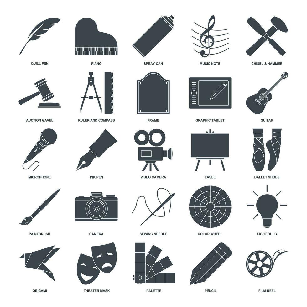 Art icon set, Design and drawing symbols collection, logo illustrations, art and entertainment signs pictograms package isolated vector illustration