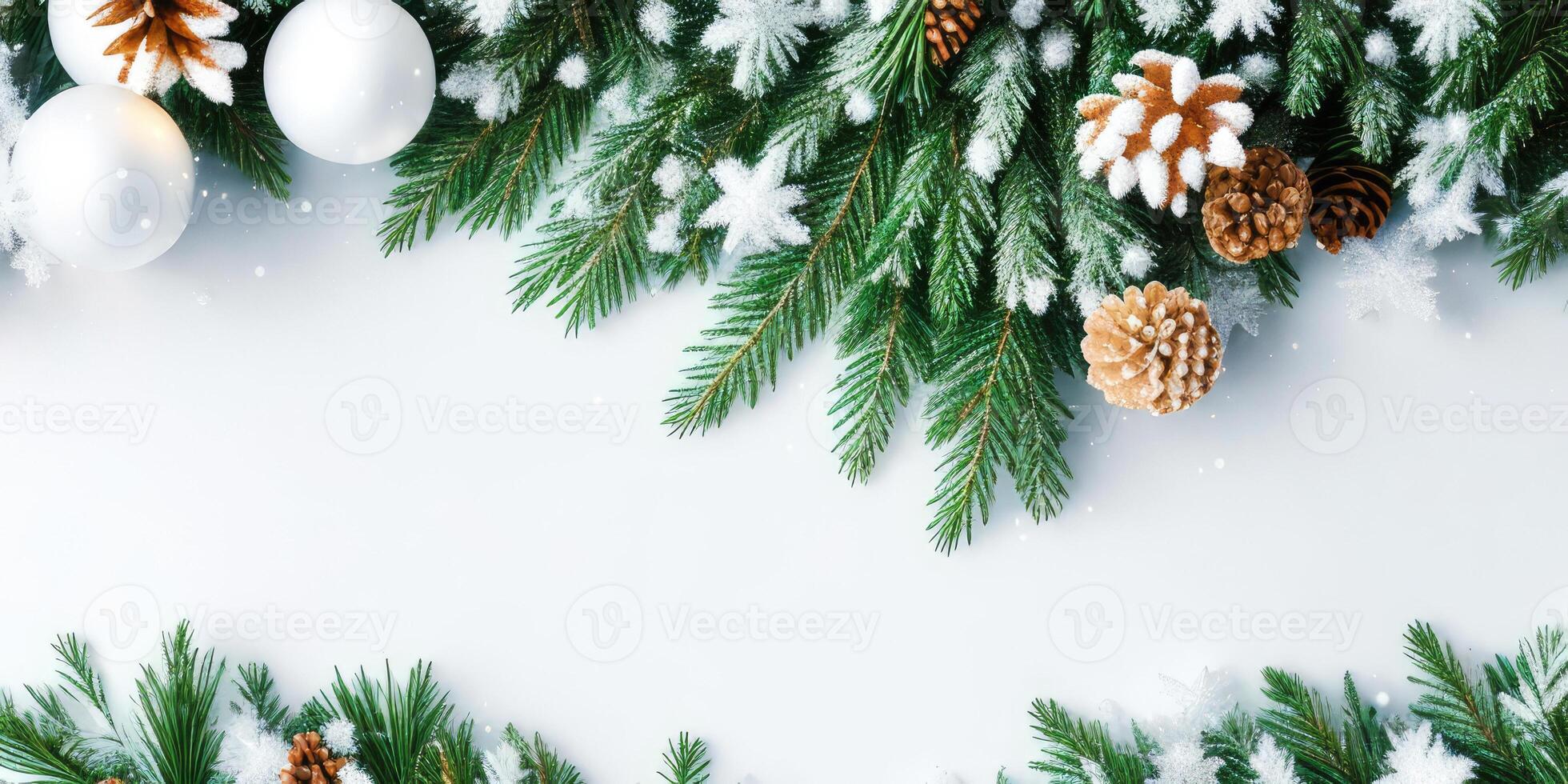 Christmas tree branches and ornaments isolated on white background,. photo