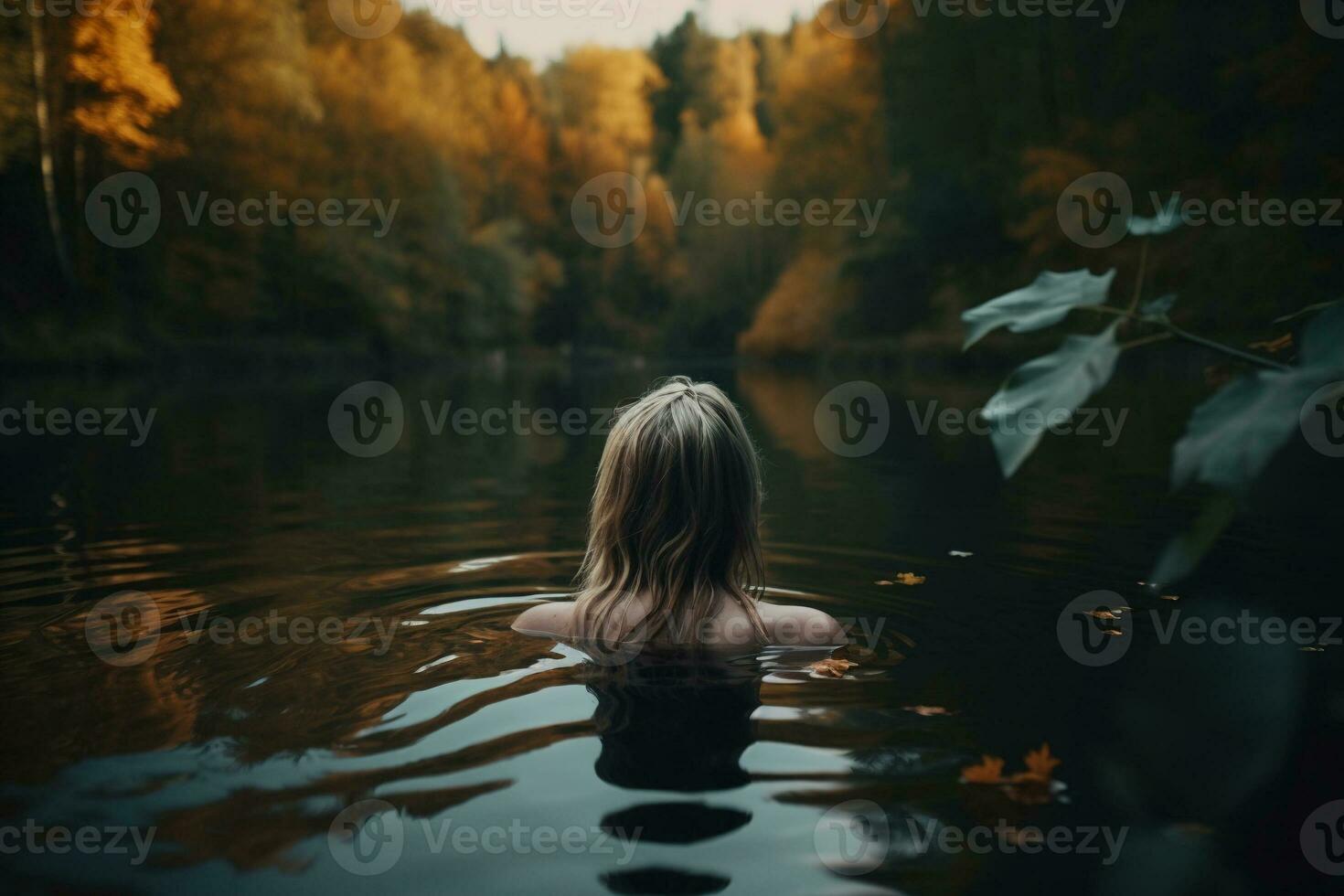 espalda ver de solitario rubia mujer practicando salvaje nadar, relajante en lago en otoño bosque en naturaleza. generativo ai foto