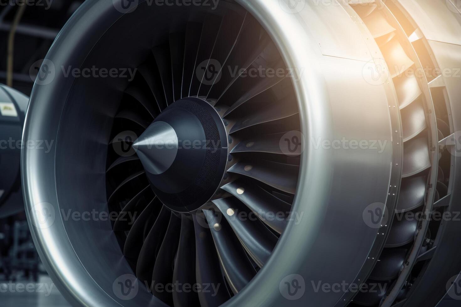 Turbojet engine, side view. Close-up of turbine of modern aircraft, civil aviation. photo