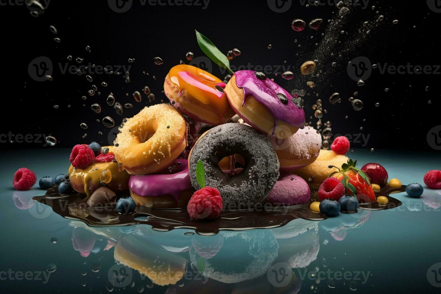 Various sweet donuts, berries and ingredients flying in air. Dessert, sweet food. Generative AI photo