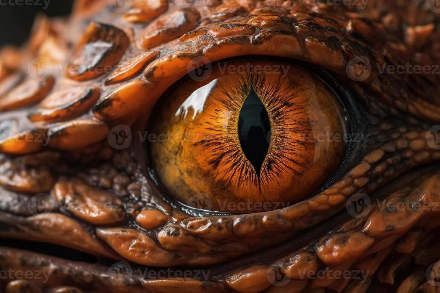 Close-up of a dragon's eye, lizard scales and yellow pupil looking at camera. Fantasy illustration, Generative AI photo