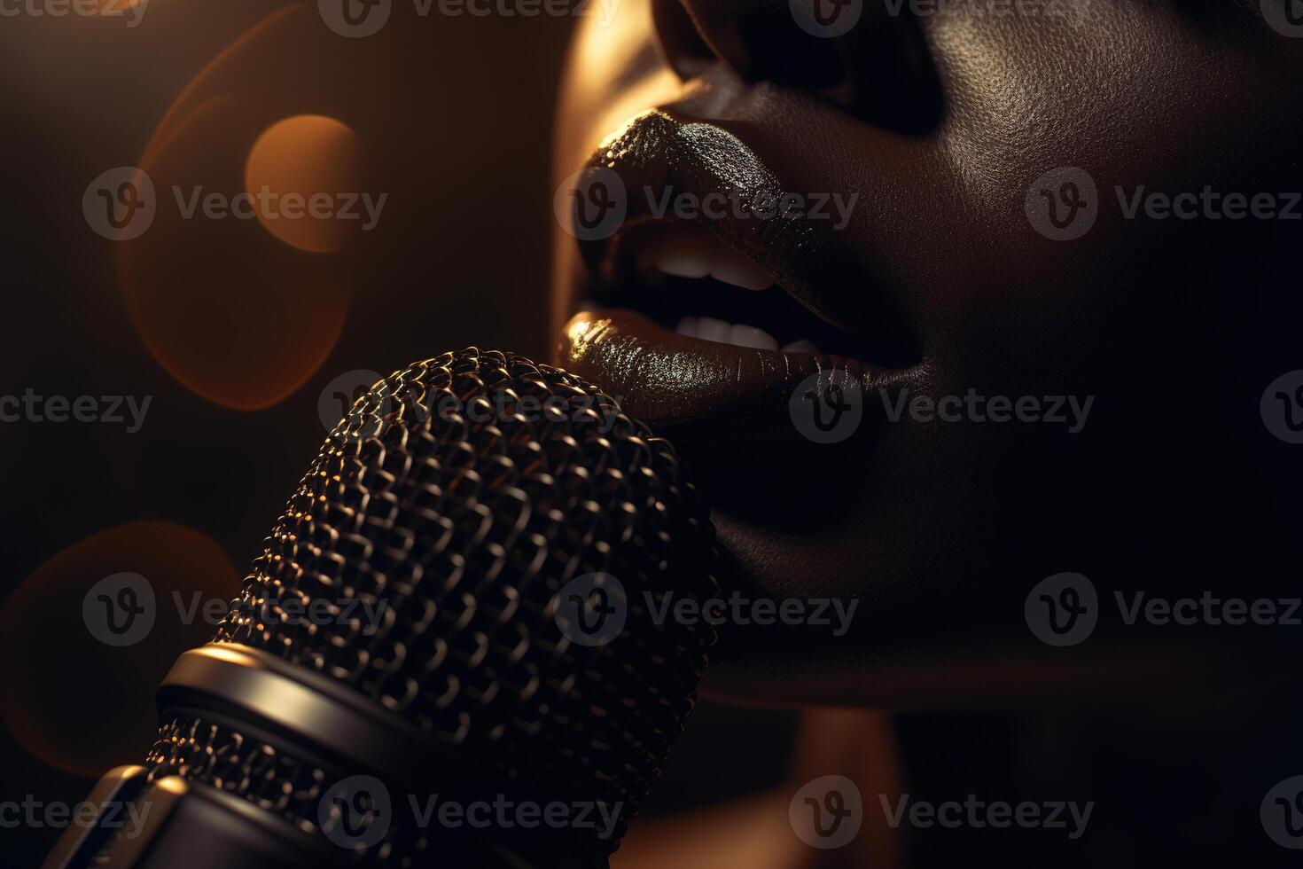 Black singer vocalist performing at show or karaoke, woman musician of African American ethnicity singing into microphone. Close-up of female sensual lips and mic. photo