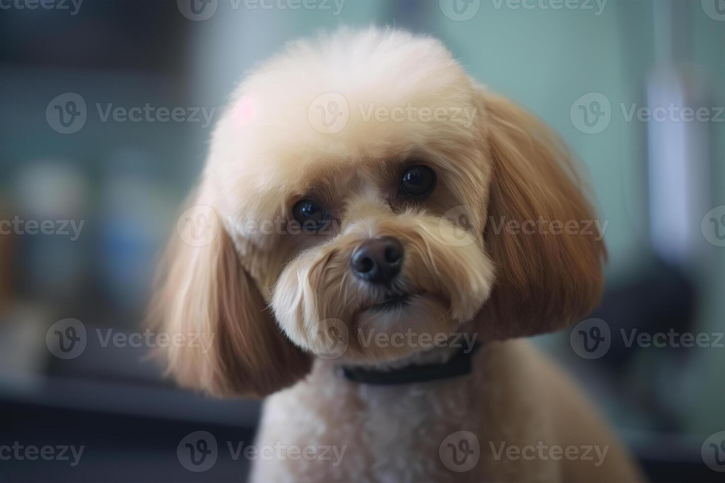 Pet grooming. Portrait of cute fluffy trimmed dog looking at camera. photo