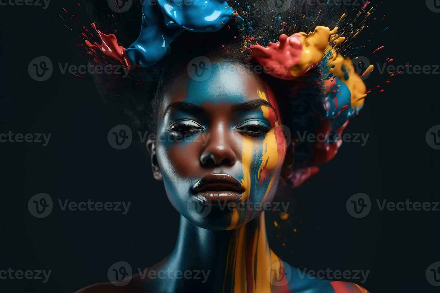 Beautiful black model woman with bright paint colors on afro hairstyle and face. African American woman looking at camera confident. Femininity, female beauty portrait. Generative AI photo