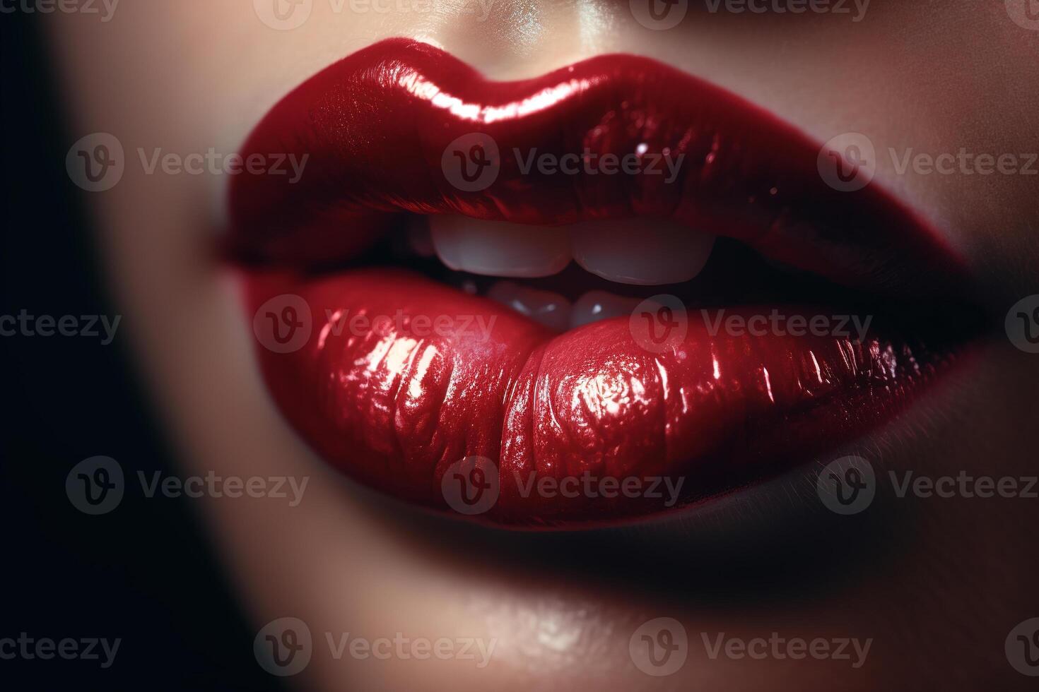 Close-up of large sensual lips of caucasian woman and rich red lipstick. Beauty, female cosmetics, make-up. photo