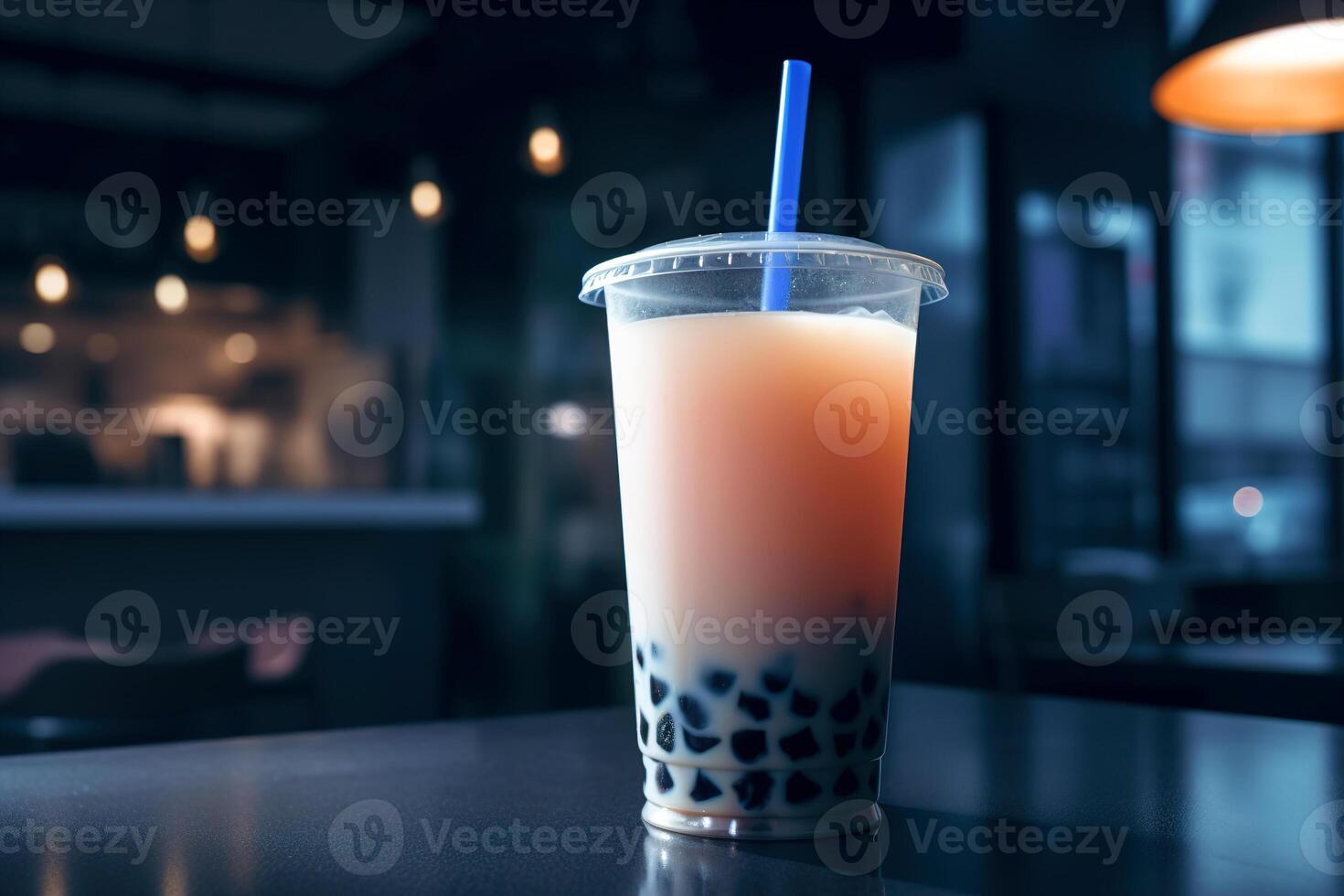 Refreshing drink bubble tea in a plastic cup with a straw in a cafe on a table, close-up. Generative AI photo