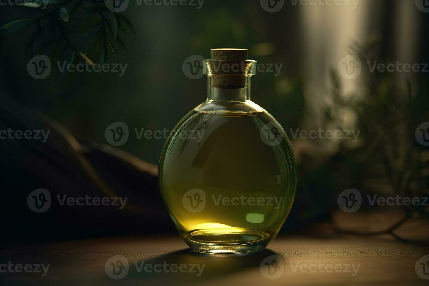 Green round bottle of liquid for daily care and leaves. Herbal cosmetology, eco cosmetics. Generative AI photo