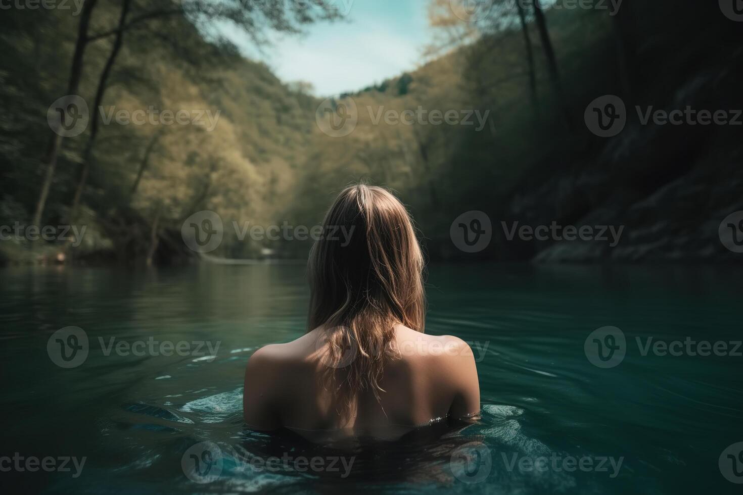 Wild swimming, rest recovery, water relaxation concept. Rear view of a lonely blonde woman standing in a lake in a forest in nature, close-up. Generative AI. photo