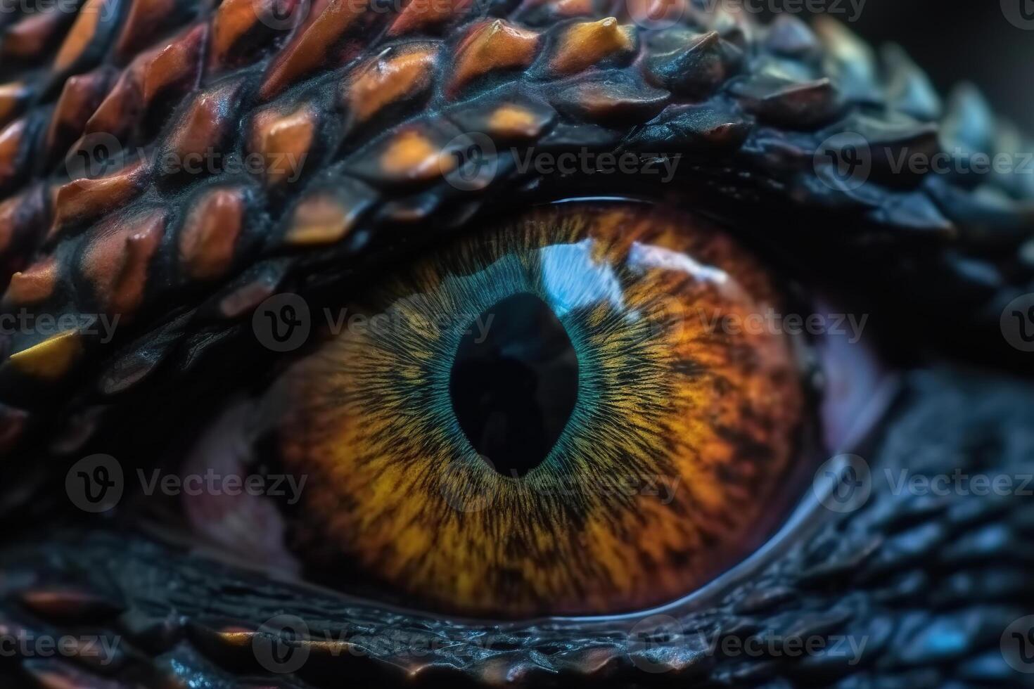 Macro eye of dragon, scales of reptile and pupil, an evil look into camera. Fantasy illustration, photo