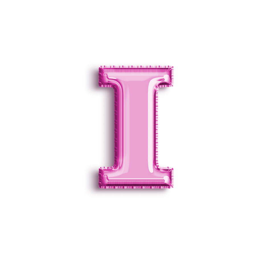 brilhante balão alfabeto carta Eu dentro Rosa cor. 3d Renderização realista metálico quente ar balão, pronto para usar para seu aniversário celebração e festa, isolado com transparente fundo png