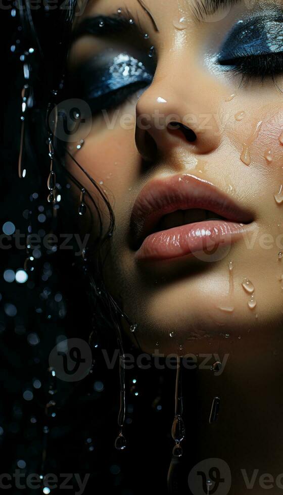 a young woman face with rain drops fashion photo