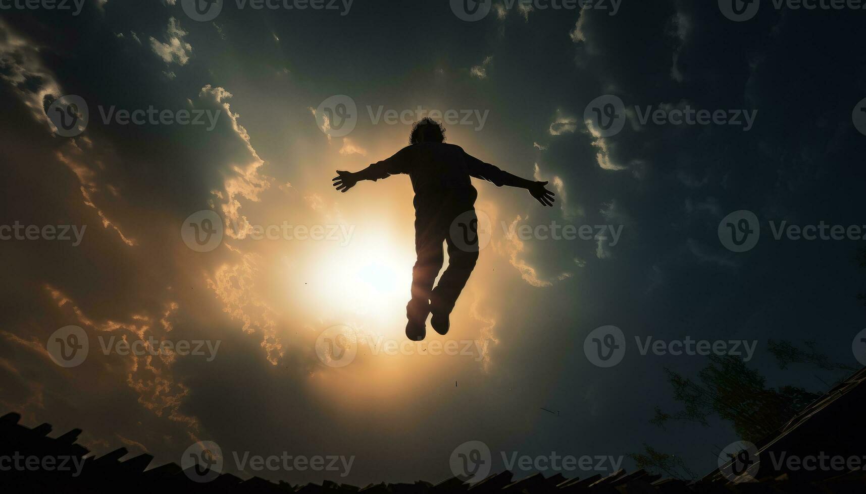 hombre volador en cielo silueta foto