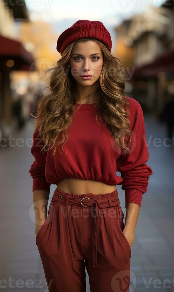 full body shot of Cute woman in red outfit 1980s fashion photo