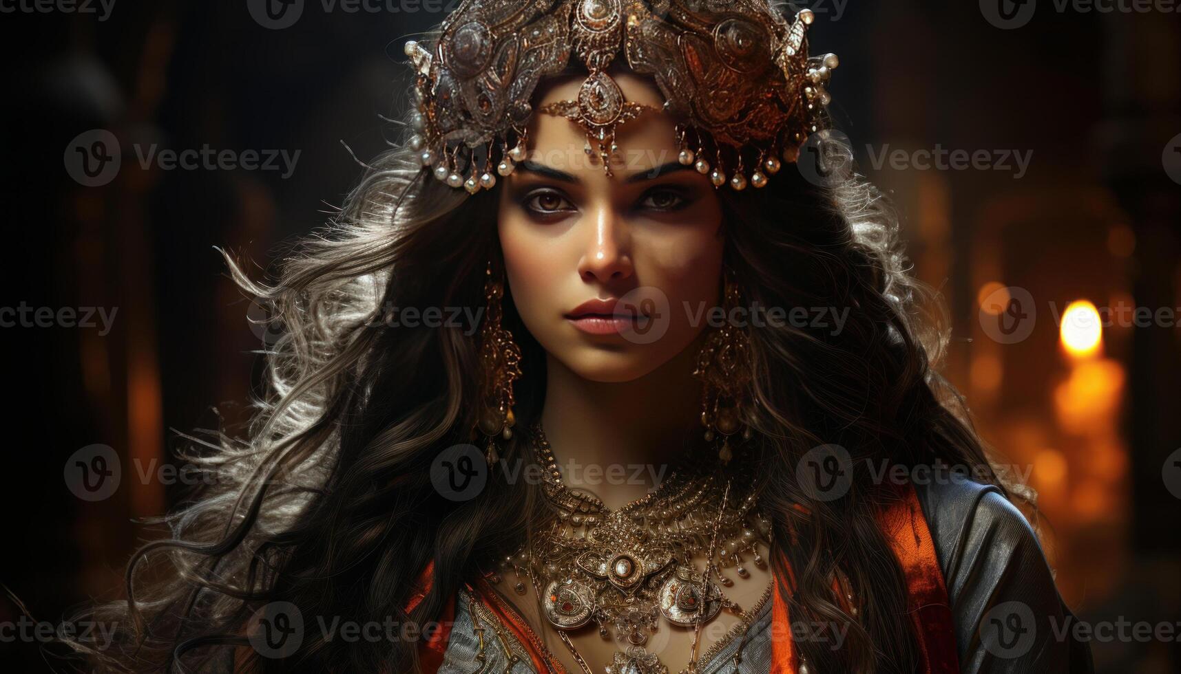 woman dressed as a queen with heavy jewellery photo