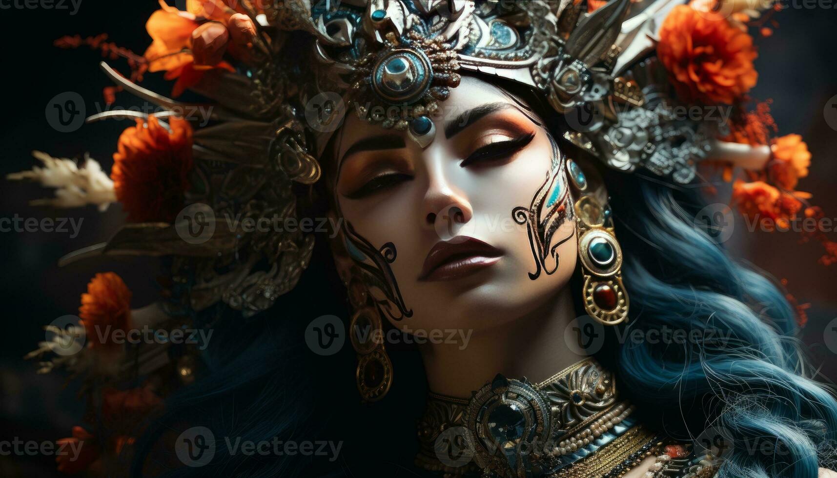 a close up shot of the woman dressed with unique jewelery photo