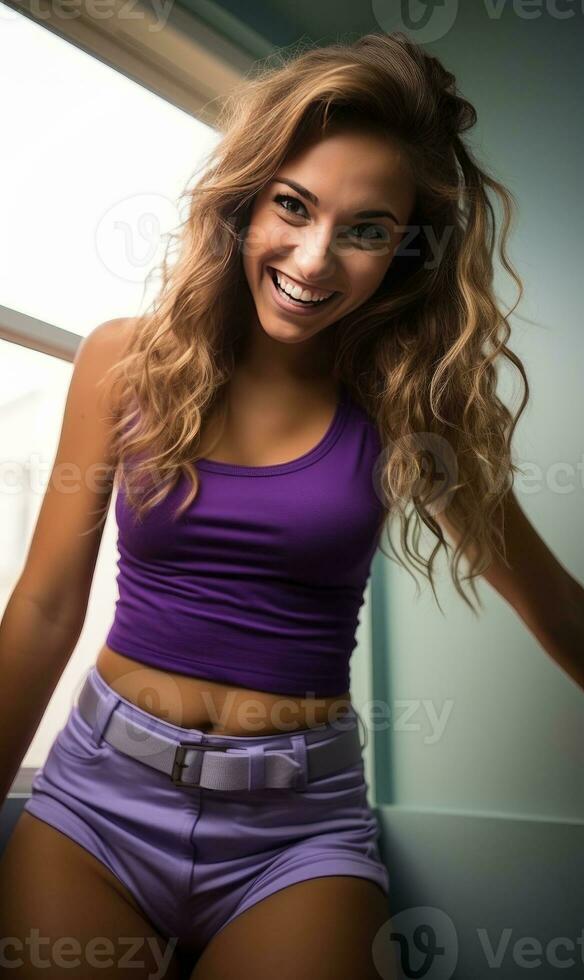 Cute Woman in violet crop top and shorts in her bedroom closeup photo