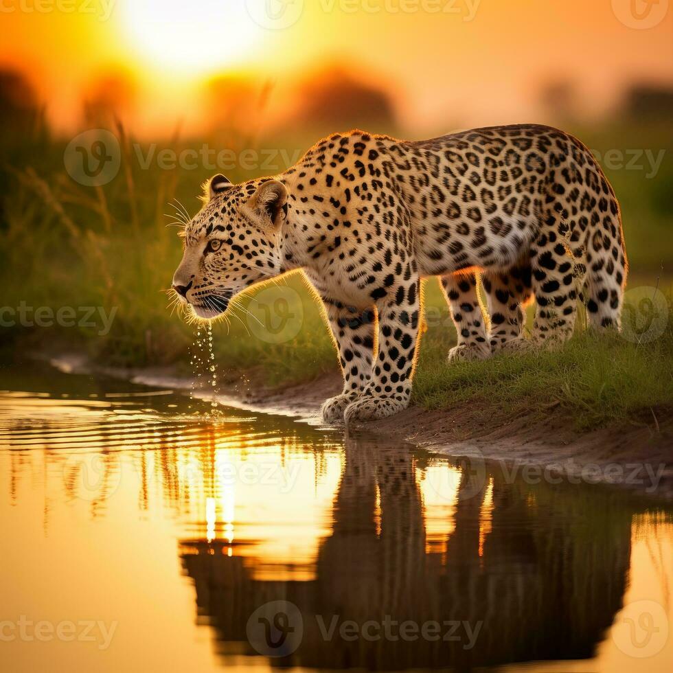 a leopard drinking water from the lake photo