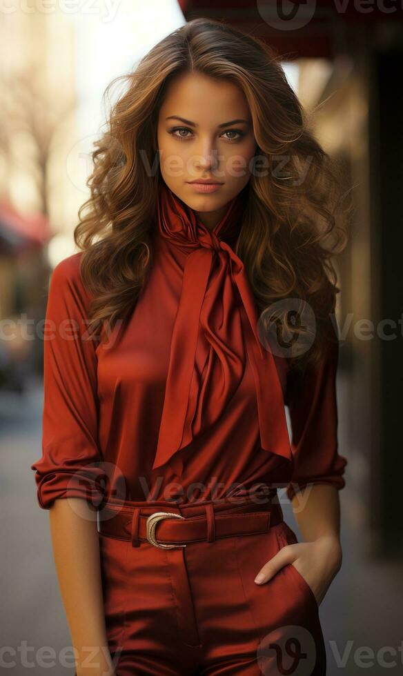 Cute woman in red outfit 1980s fashion photo